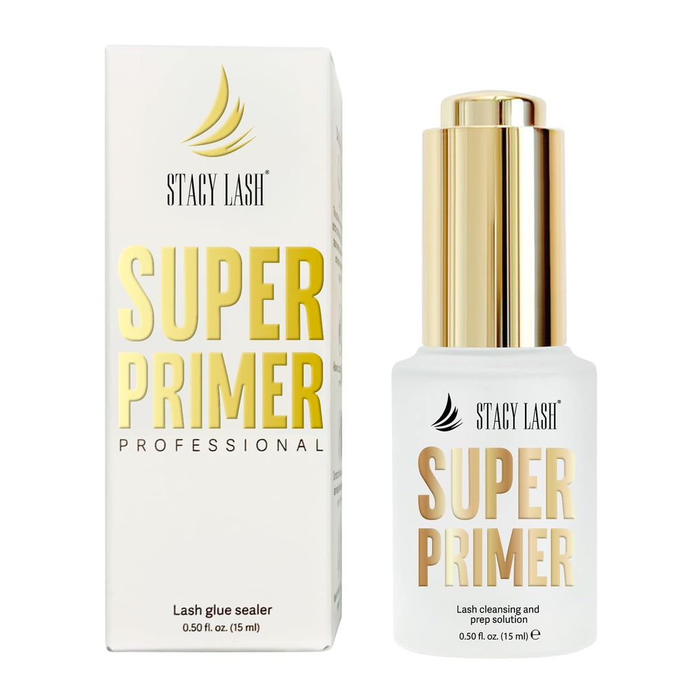 STACY LASH super primer bottle demonstrates oil-free lash prep for better adhesion.