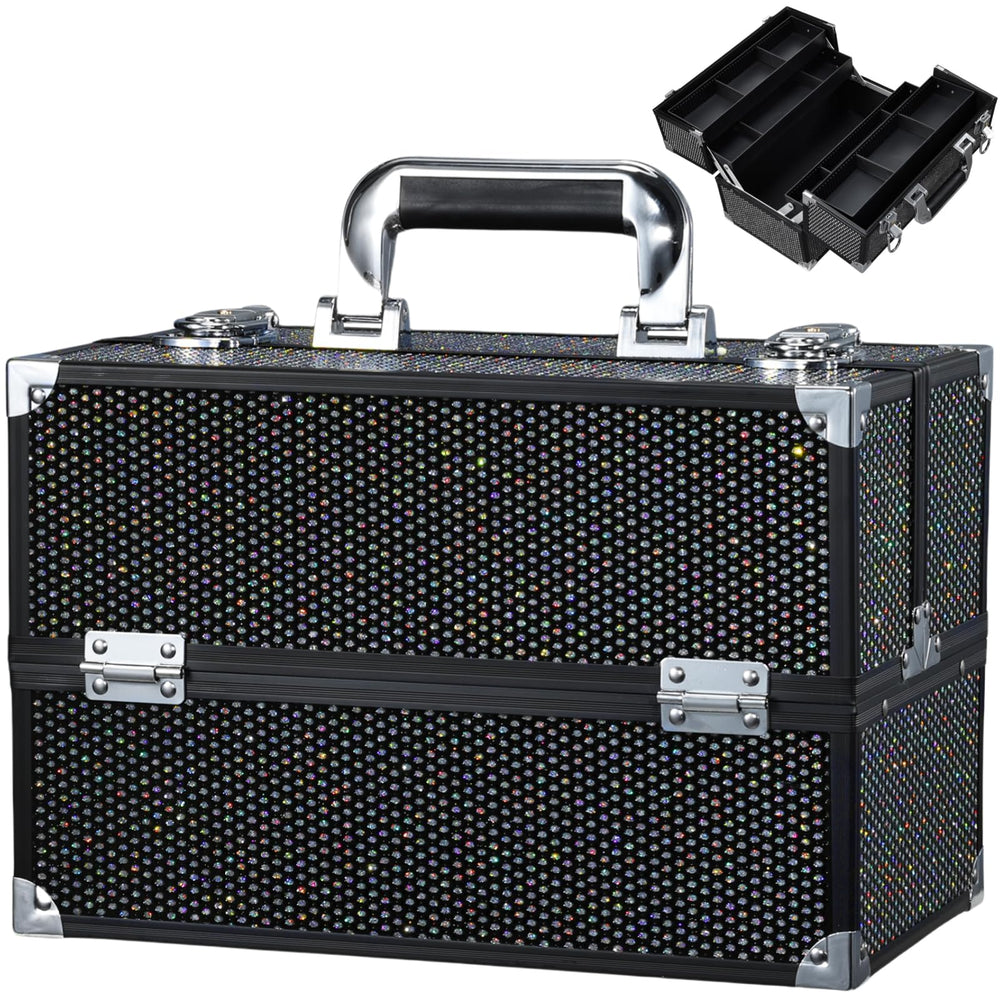 Stagiant 12.6 inch makeup train case with glossy black surface protects cosmetics on the go.