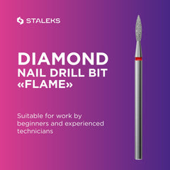 Staleks Pro Flame-Red drill bit demonstrates safe, skin-friendly cuticle processing.