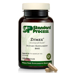 Standard Process Zymex bottle shows capsules for digestive balance and intestinal health support.