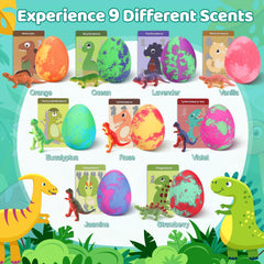 STARYAR fizzing bath bombs color water and reveal a hidden dinosaur toy.