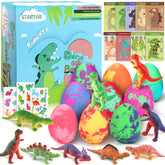 STARYAR dinosaur egg bath bombs package shows 9-pack gift set for kids' bath time.