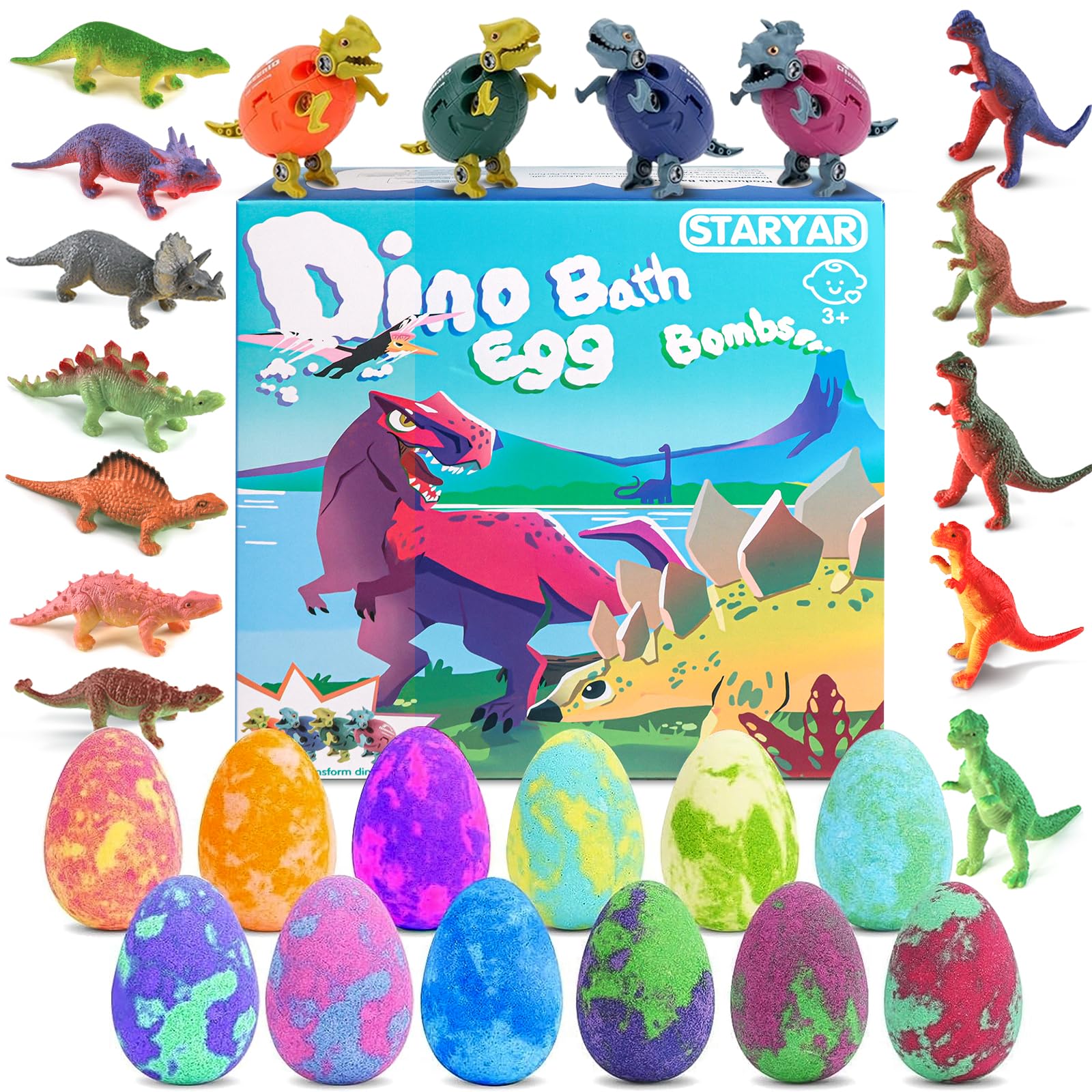 STARYAR dino-egg bath bomb 16-pack delivers colorful bath time fun with surprise toys.