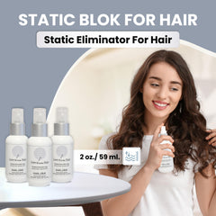 Static Blok spray-mist on hair demonstrates long-lasting anti-static protection.