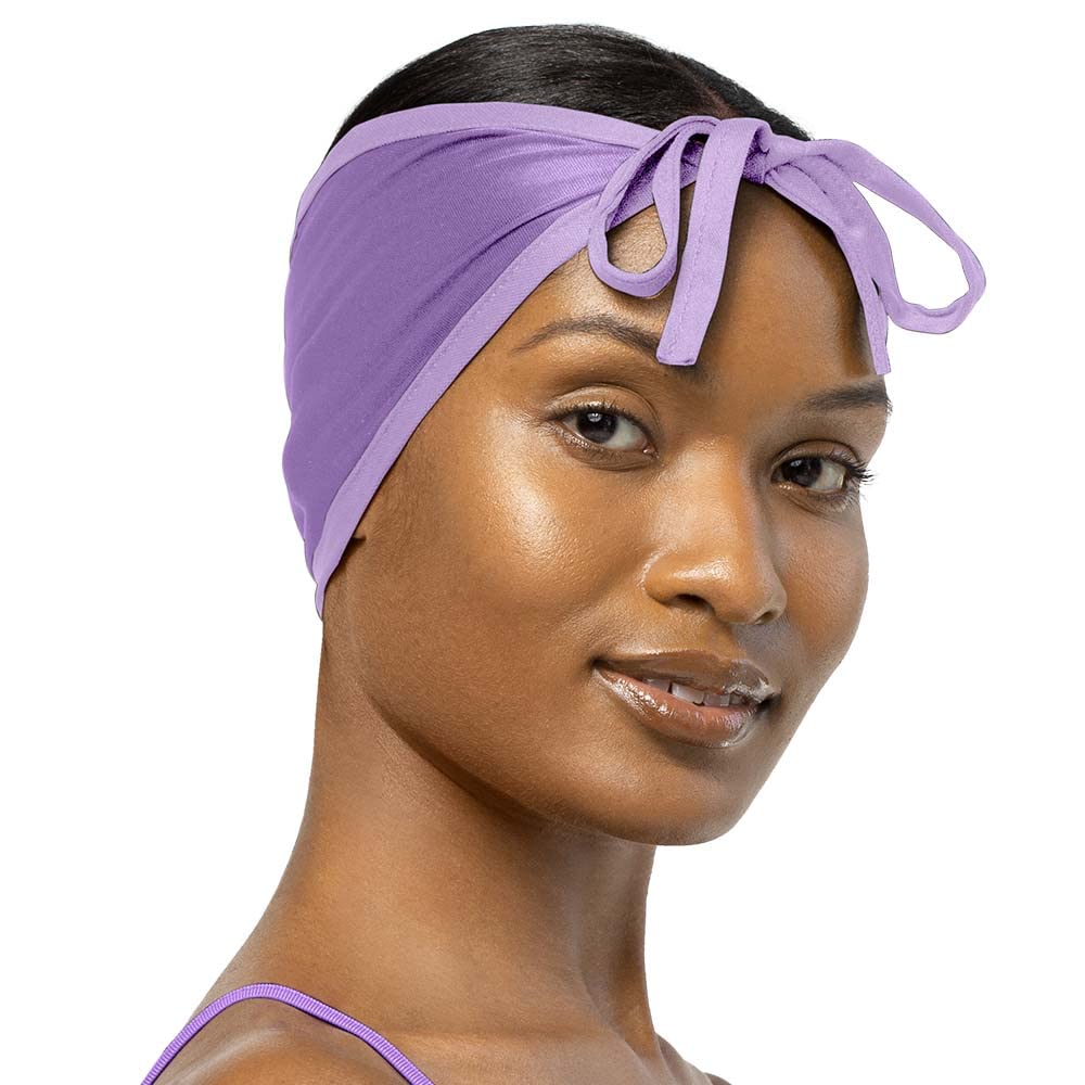 Stay On Satin wrap cap lilac band closeup showing secure, comfortable fit for straight styles.