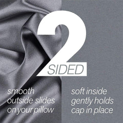 Stay On Satin wrap cap lilac on pillow illustrates gentle, slip-free sleeping surface.