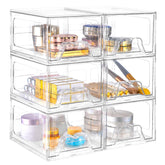 Stebopum stackable makeup organizer with six drawers keeps vanity items neatly visible for quick access.