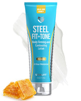 SteelFit Firming Body Lotion bottle showing hydrating skin support for daily use