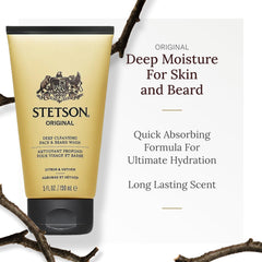 Stetson moisturizer texture swirl highlights quick-absorbing cream for busy mornings.