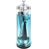 STNFAREBI glass disinfectant jar front view for organized salon tool sterilization.