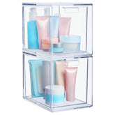 STORi Audrey Stackable Bin on vanity keeps cosmetics visible and neatly organized.