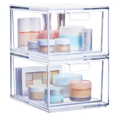 STORi Audrey stackable bin drawers organize vanity cosmetics for easy morning routines.