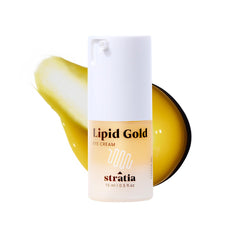 Stratia Lipid Gold Eye Cream tube showing skin-identical lipids for gentle under-eye care