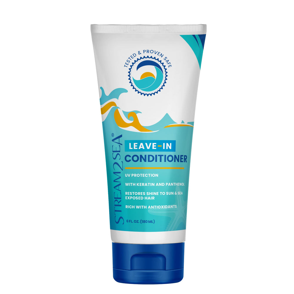 Stream2Sea leave-in conditioner bottle detangles hair and provides UV protection.