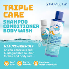 Stream2Sea swimmers conditioner bottle highlighting detangling and shine benefits.