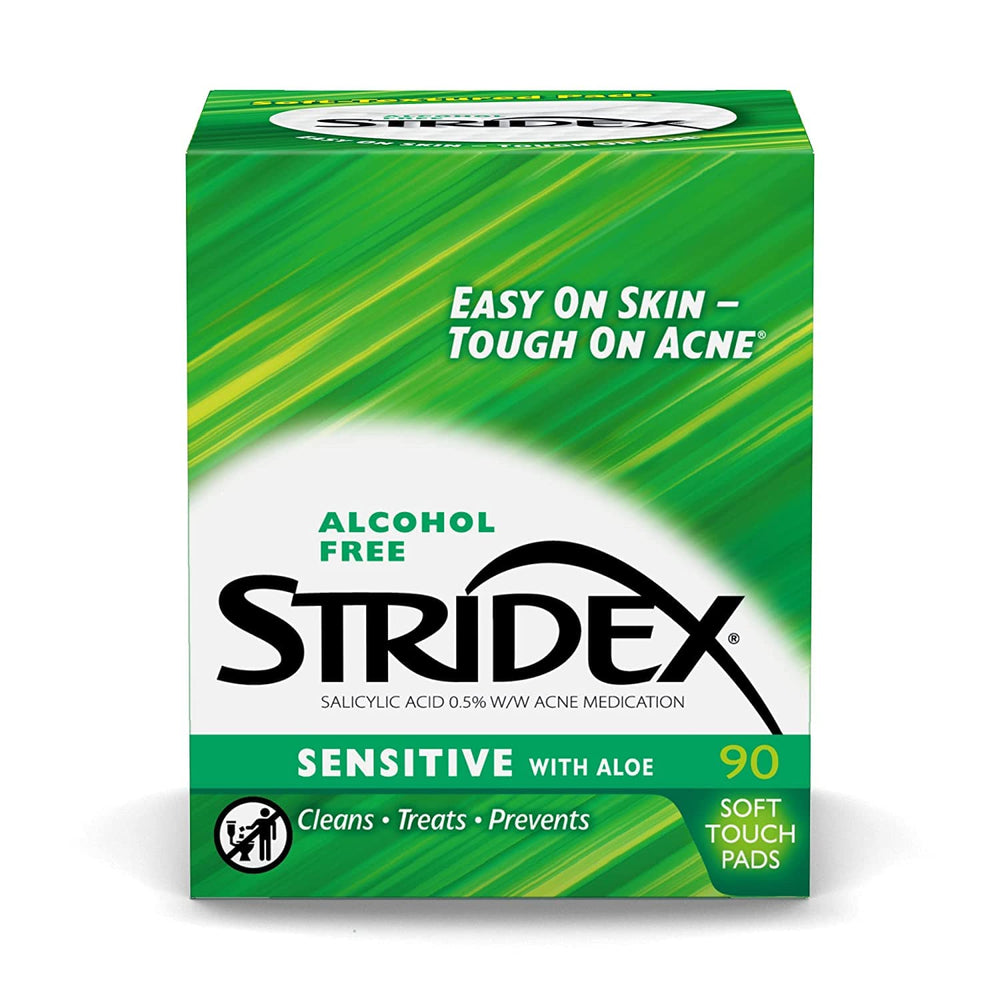 Stridex Sensitive Pads box closeup shows 0.5% salicylic acid for gentle acne care.