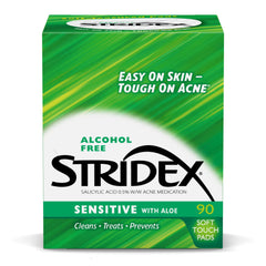 Stridex Sensitive Pads box-front shows alcohol-free acne treatment for gentle cleansing