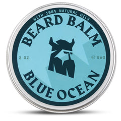 Striking Viking beard balm Blue Ocean tin open for smooth, non-greasy hold