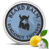 Striking Viking beard balm jar close-up shows a soft, hydrated beard.