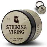 Striking Viking beard butter vanilla 4oz jar provides hydration and a fresh scent