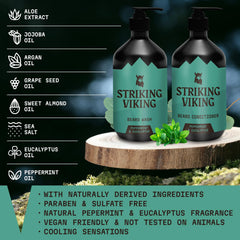 Striking Viking beard wash label closeup shows peppermint-eucalyptus formula for wakeful mornings