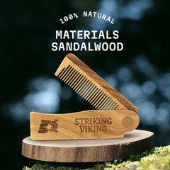 Striking Viking folding sandalwood comb closed fits in a pocket for quick beard touch-ups.