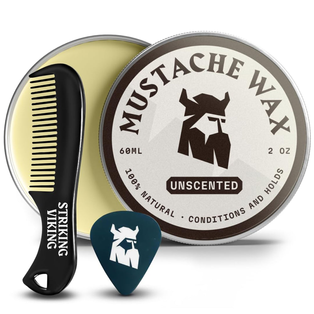 Striking Viking Mustache Wax Kit 2oz jar offers long-lasting hold for defined style.