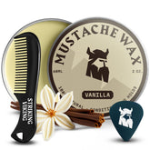 Striking Viking mustache wax kit front view with vanilla scent for bold styling