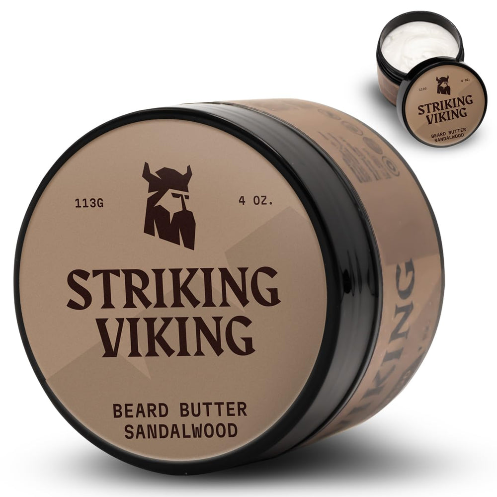 Striking Viking sandalwood beard softener bottle showing hydrating beard cream
