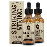 Striking Viking vanilla beard oil bottle showing smooth, hydrated beard.