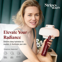 STRIPES Beauty Naomi Watts dewy glow application captures radiant, non-greasy finish.