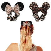 Styla Hair 2pk mouse ear scrunchies in leopard velvet with sparkle bows, ideal for playful ponytails.