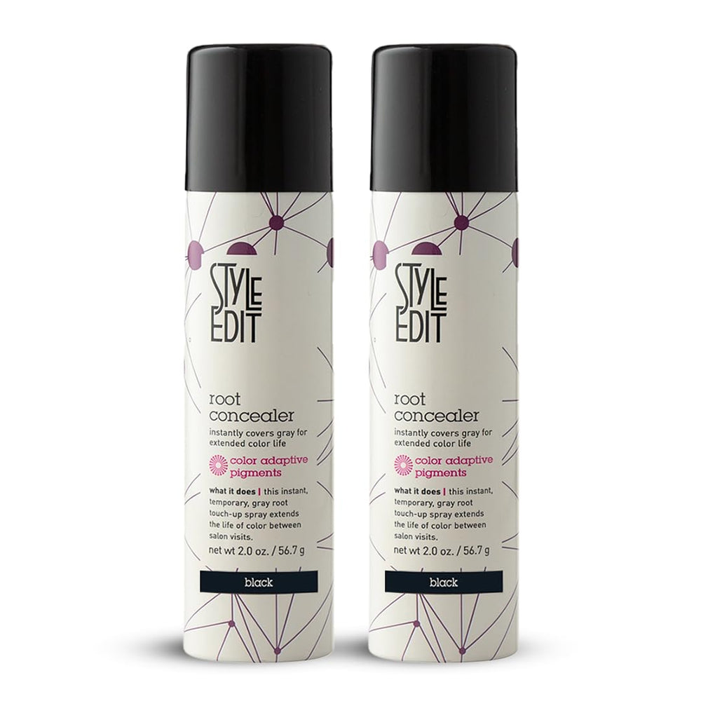STYLE EDIT black root concealer spray pack-2 closeup, ideal for quick at-home touch ups.