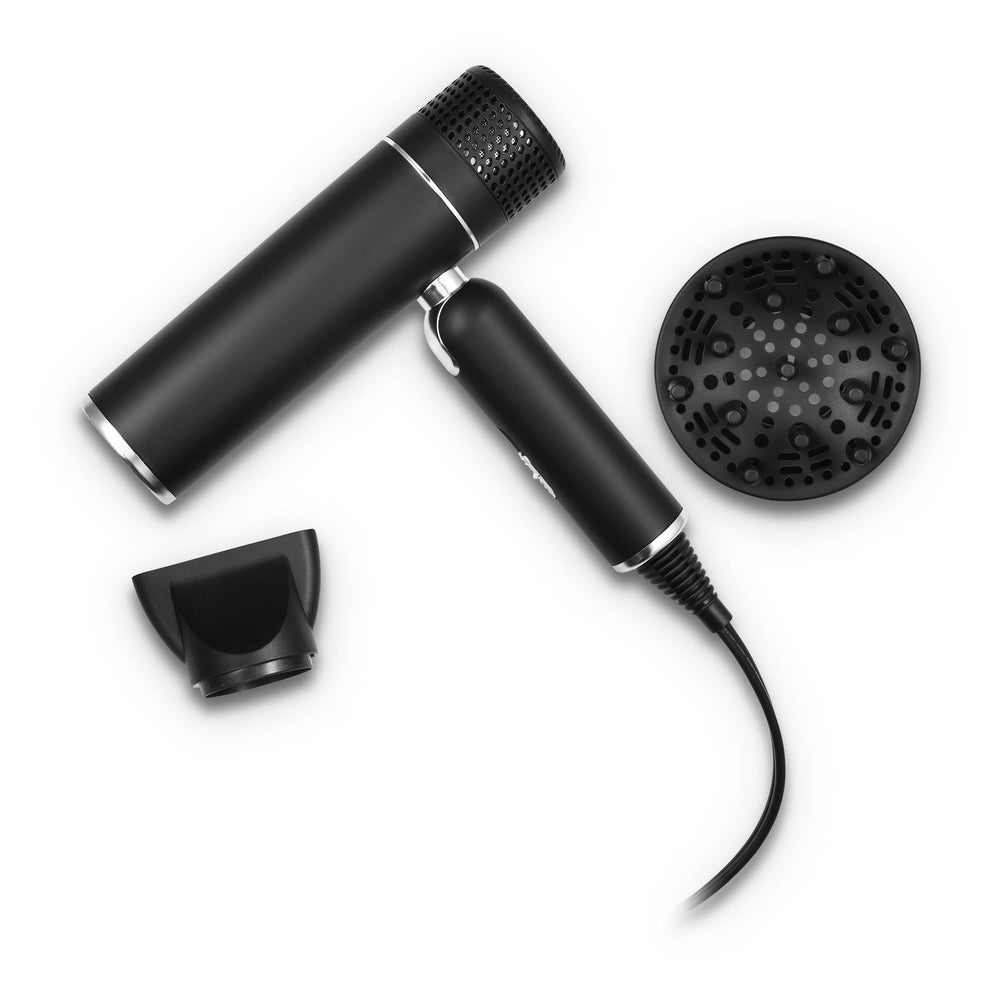 StyleCraft Ace dryer matte black finish with silver accents delivers premium styling aesthetics.