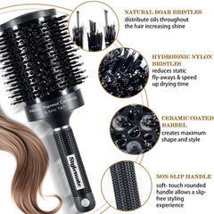 STYLEMATE large-round brush boar-bristles nylon-pins distribute oils for natural shine.