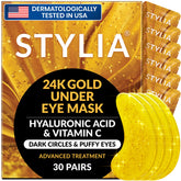 Stylia 24k gold under-eye patches brighten tired-looking eyes for a refreshed appearance.
