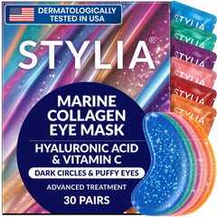 Stylia collagen vitamin C under-eye patches in a box for easy depuffing and hydration