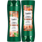 Suave almond-shea-butter shampoo bottle front for daily moisturizing hydration.