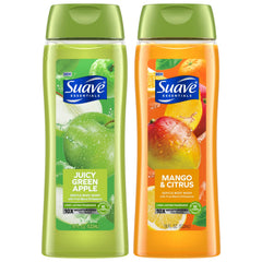 Suave Green Apple body wash bottle shows refreshing scent for daily cleansing.