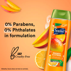 Suave Mango Citrus bubble bath scene emphasizes long lasting fruity fragrance.