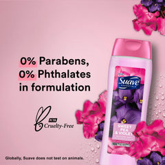 Suave Wild Cherry Blossom bottle close-up with fragrant, refreshing bath aroma.