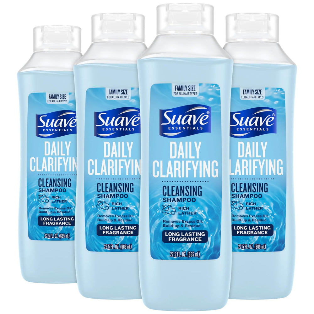 Suave Clarifying Shampoo bottle front highlighting pH-balanced cleansing for oily hair.