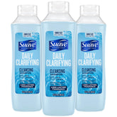 Suave Clarifying Shampoo bottle pour demonstrates quick cleanse for buildup relief