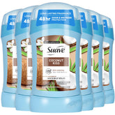 Suave Coconut Kiss deodorant stick packaging shows a six-pack bundle for travel-friendly protection.