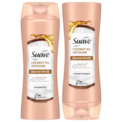 Suave Coconut Oil Infusion Shampoo bottle highlighting hydrating formula for damaged hair