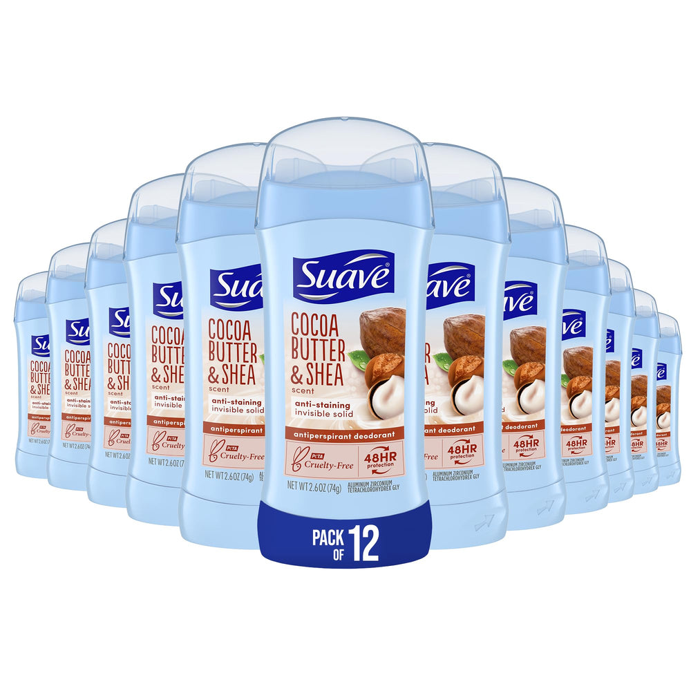 Suave Deodorant Women Cocoa Shea Butter pack-12 offers all-day odor control.