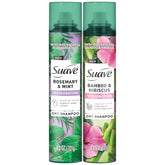 Suave dry shampoo rosemary mint bottle shows refreshing scent for quick hair refresh