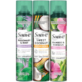 Suave dry shampoo spray variety pack front shows three formulas for quick hair refresh