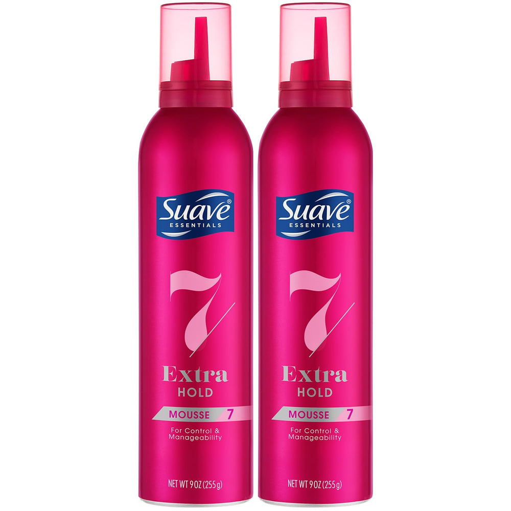 Suave Extra Hold Mousse bottle demonstrates lightweight volume for daily styling.