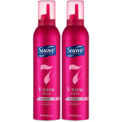 Suave Extra Hold Mousse bottle demonstrates lightweight volume for daily styling.